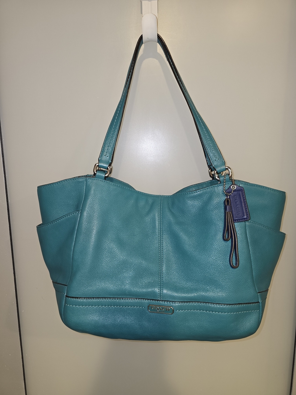 COACH F23284 Teal Leather Carrie Park Shoulder Tote Large Purse Blue Charm *read